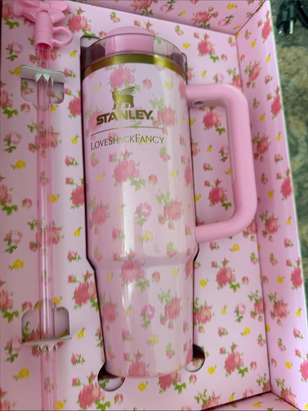 Love Shack Fancy Stanley Collab 30oz Pink Floral Tumbler with Bow Straw Topper - Picture 13 of 14